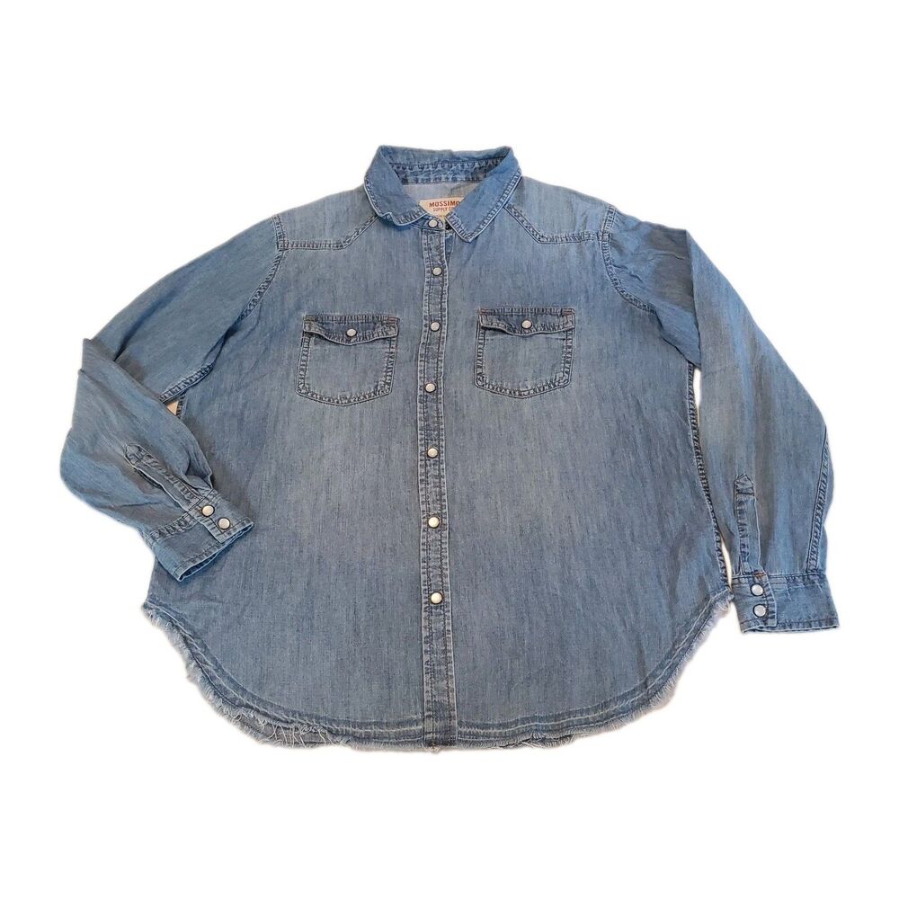 Mossimo Supply Co Button Up Shirt Womens L Blue Denim Western Collared Chambray